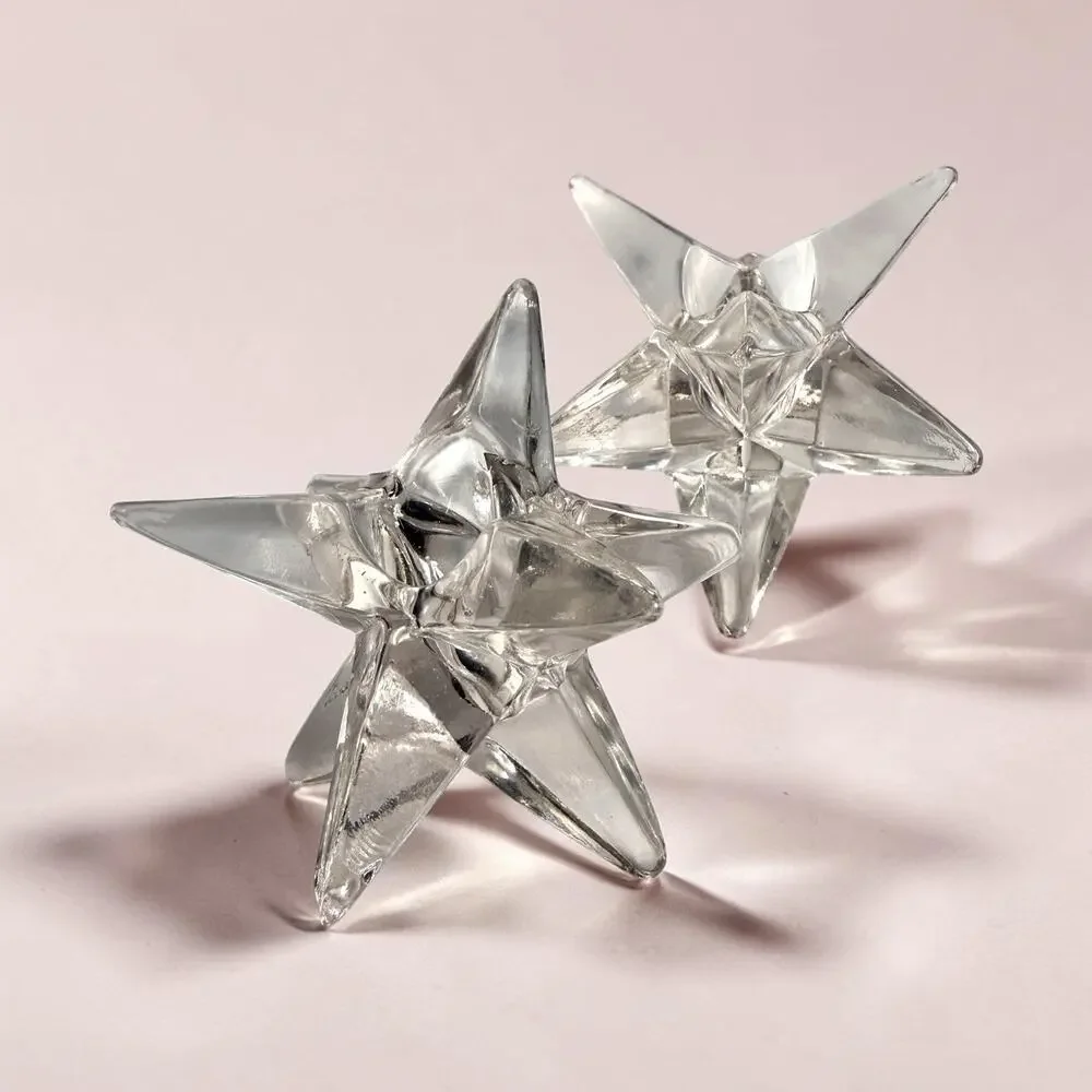 VTG Atomic 3D Star Candlestick Holder Clear Glass 9 Point Holiday Retro Set Of 2